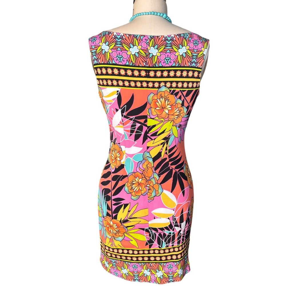 Tropical Floral Print Cache Sheath Dress Sleeveless Boat Neck 6 Pink Multi - Picture 4 of 10